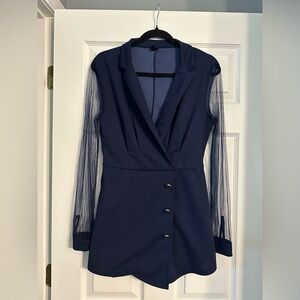 Navy Blue Blazer Romper with Sheer Sleeves
